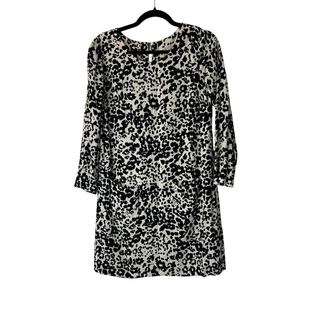 J Crew Dress Size 2 Jules Black‎ Cream Animal Printed Long Sleeve Keyhole Sheath